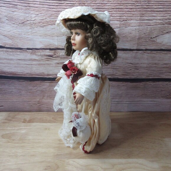 Collector’s Choice Porcelain 12" Doll Cream & Red Victorian Style Dress - Picture 5 of 9
